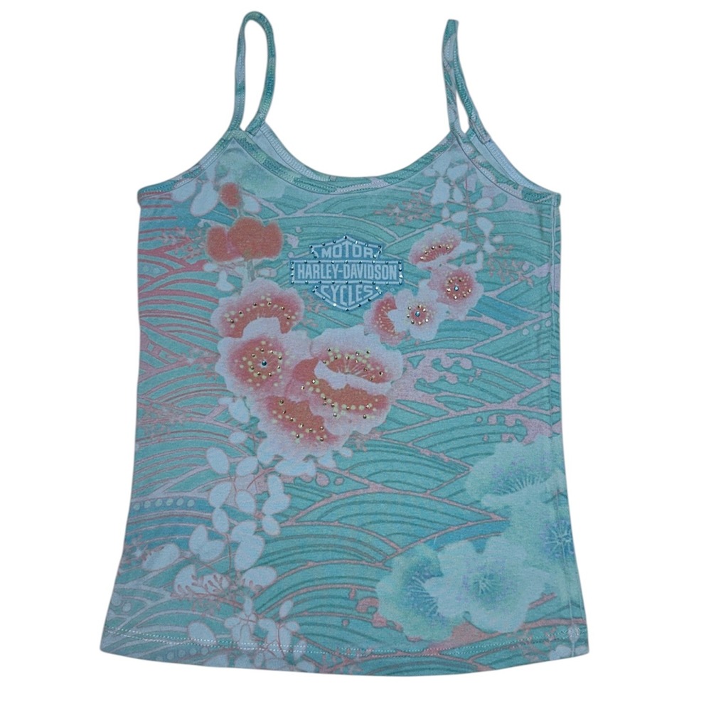 Harley-Davidson Tank Top Womens Medium Teal Floral Rhinestone Y2K Cami 2000s